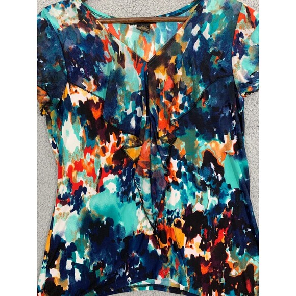 SUSAN LAWRENCE Small (S) Vibrant Multicolor Ruffle Capped Sleeve Top Blouse - Picture 2 of 8